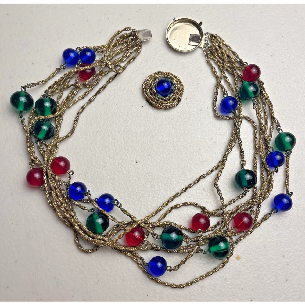 Vintage Mid Century Modern Gold Tone Multi Strand Glass Bead Necklace As Is